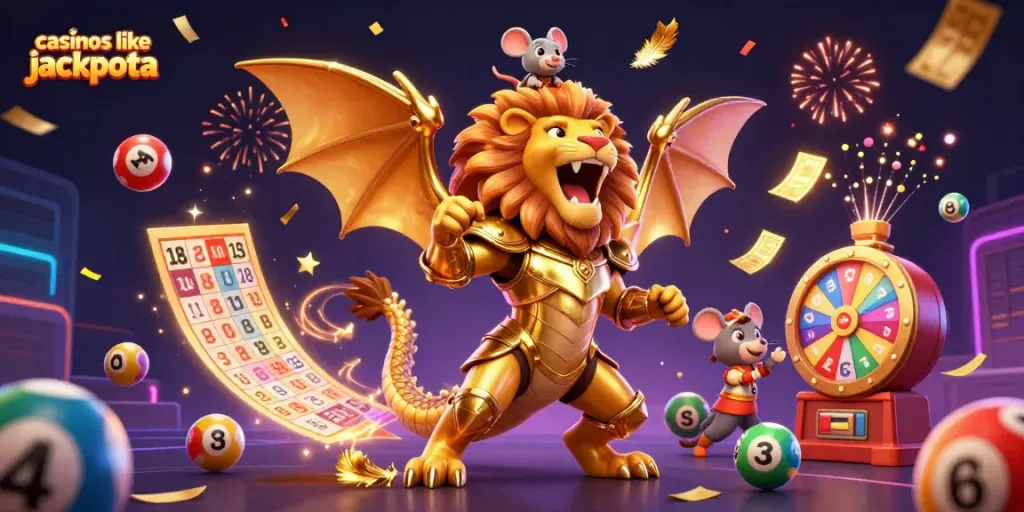 Win big with casinos like Jackpota in this vibrant gaming adventure illustration.