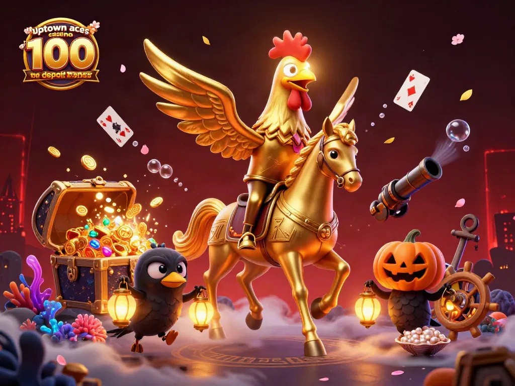 Experience the thrill of uptown aces casino 100 no deposit bonus codes with a glowing rooster and vibrant casino scene.