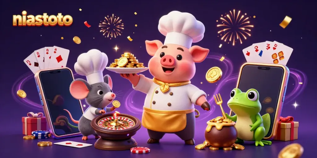 Pengalaman kasino niastoto ditampilkan dengan chef babi, mouse dan katak di suasana meriah.
