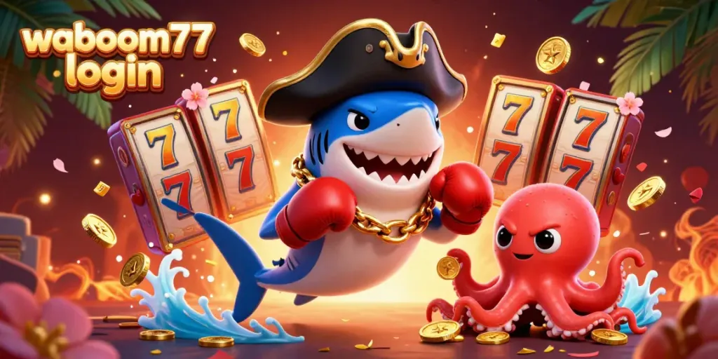 Enjoy the vivid scene illustrating waboom77 login with a cheerful shark, pufferfish, and octopus among dynamic slot game elements.