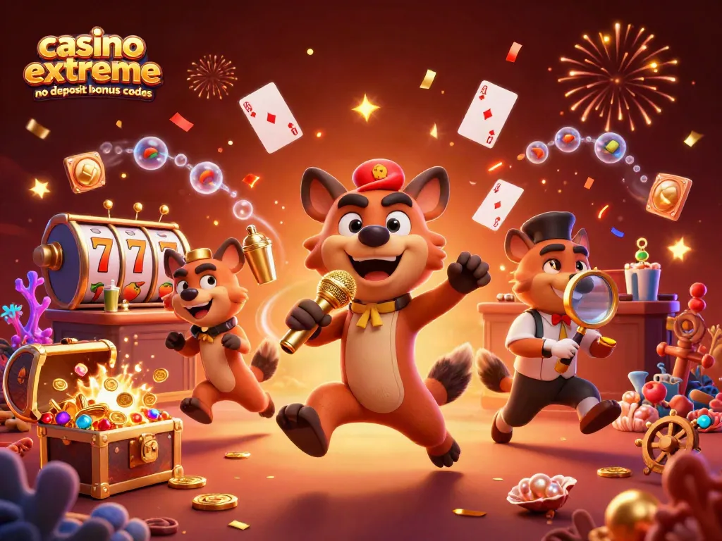 Engage with casino extreme no deposit bonus codes amid lively cartoon hyenas, sparkling slot reels, and vibrant casino ambiance.