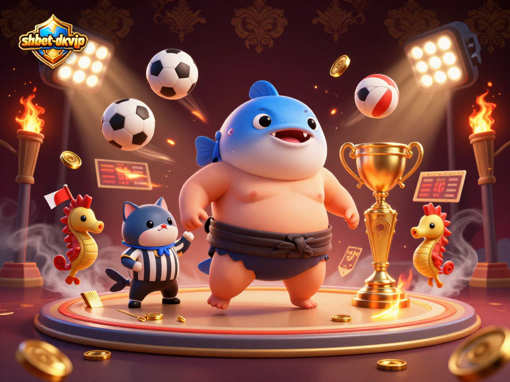 Engage in gaming thrills with shbet-okvip featuring a dynamic scene of an excited fugu in an underwater ring.