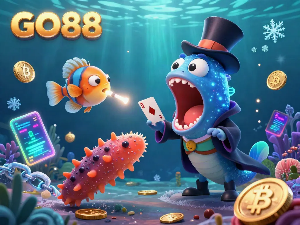 Experience GO88's vibrant underwater gambling scene with enchanting characters performing magic tricks.