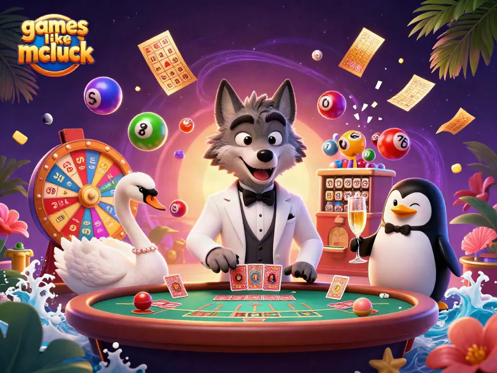 Play engaging games like mcluck in a vibrant casino scene with characters dealing cards and presenting prizes.