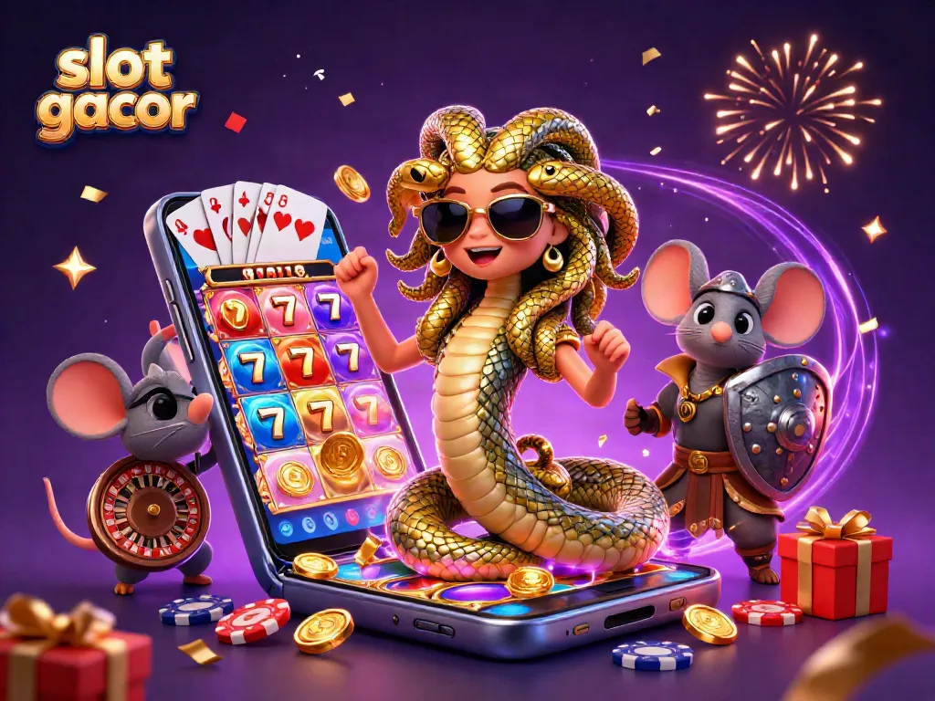 Menangkan permainan slot gacor dengan karakter Medusa dan mouse pejuang di lokasi kasino penuh warna