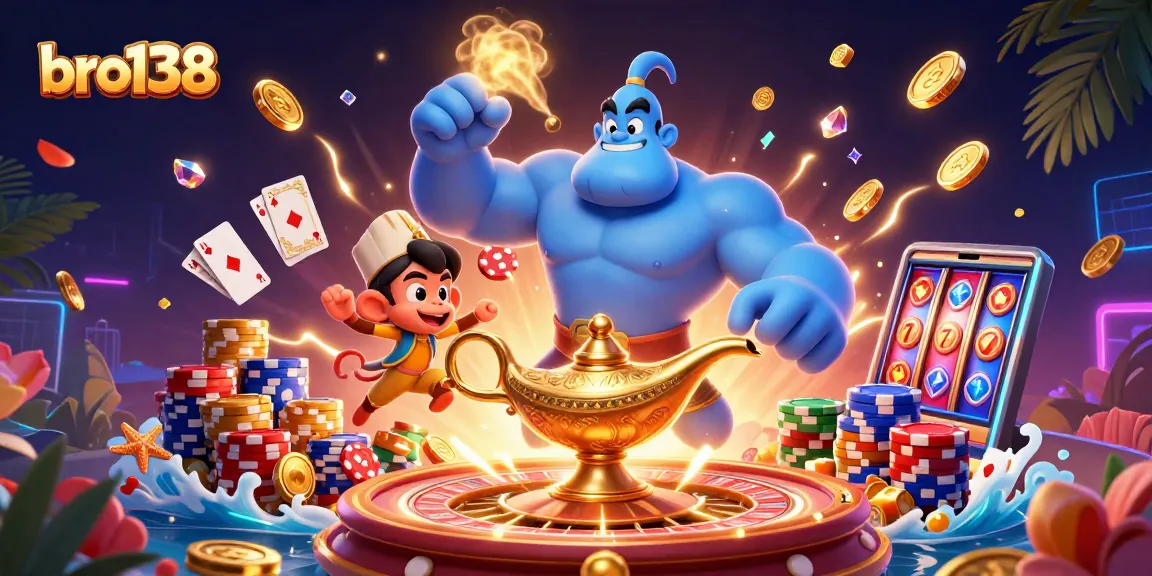 Experience the excitement of bro138 with a vibrant casino scene featuring a genie, poker chips, and sparkling gems.