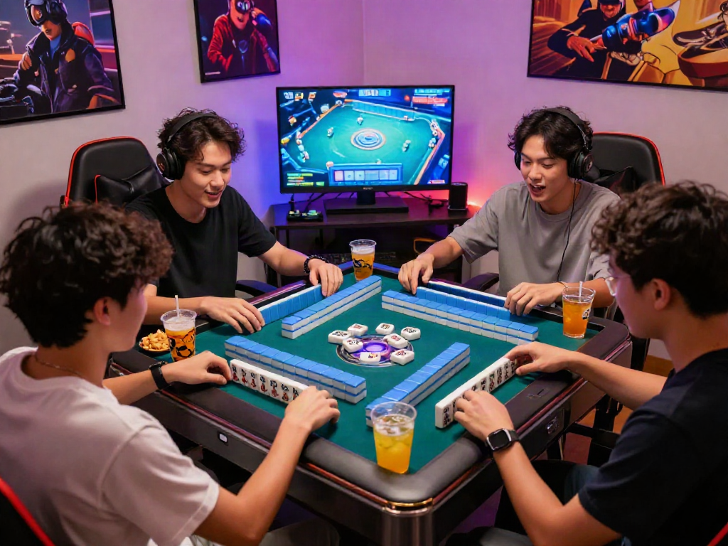 Friends enjoying MAHJONGJP88 Official online gaming session around a vibrant screen filled with Mahjong tiles in an inviting atmosphere.