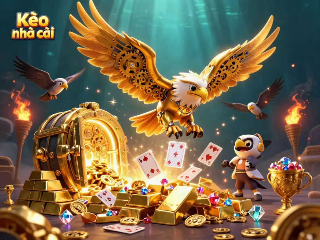 Experience Kèo nhà cái action with a dynamic golden eagle diving through holographic cards surrounded by treasure and excitement.