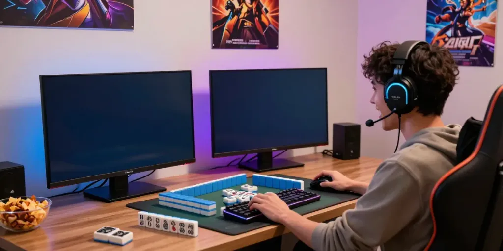 Engaged player in a vibrant gaming room playing cika4d Mahjong on a large screen with colorful graphics.