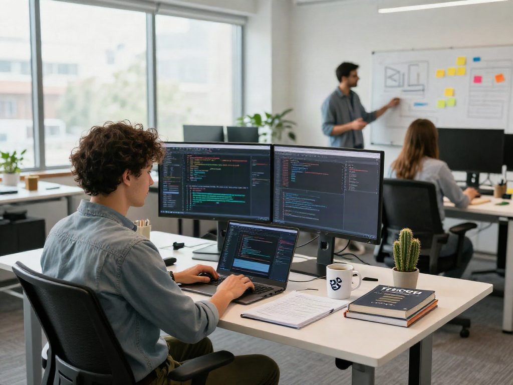 Gambar teknik pengembangan perangkat lunak yang menunjukkan proses cepat dari cepatnya penggunaan aplikasi 快连下载 di ruang kantor modern.