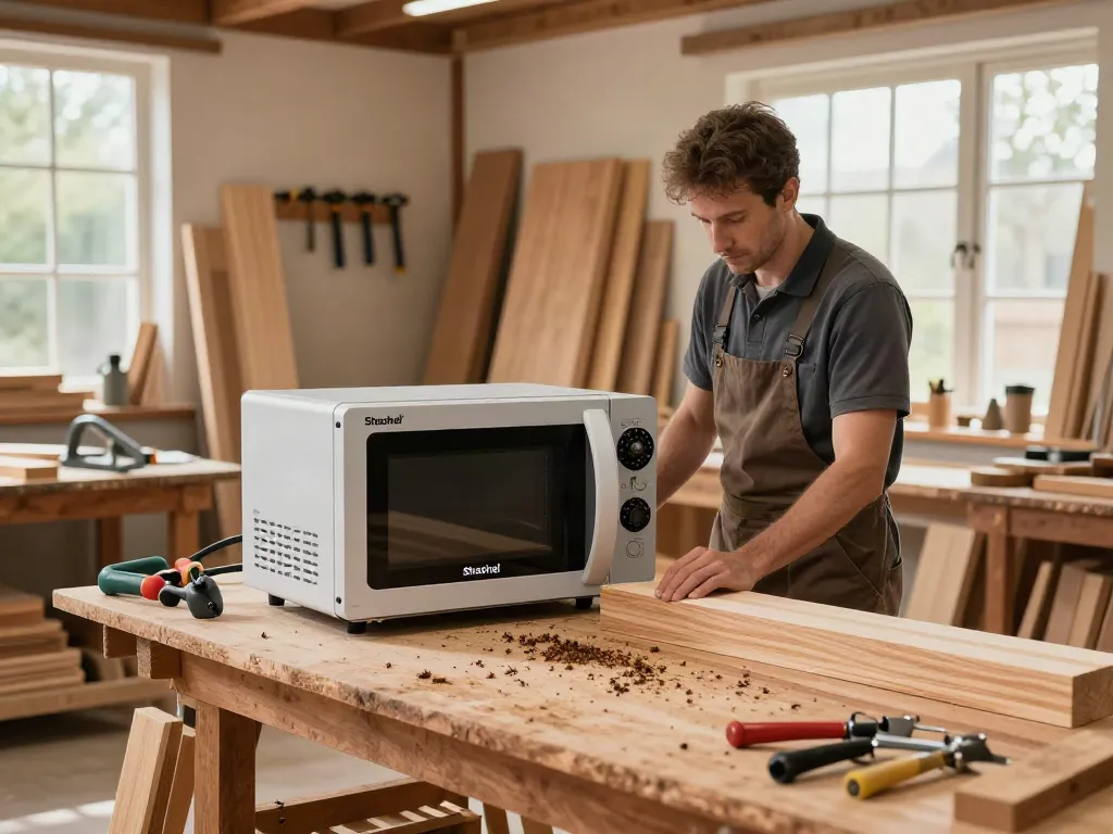 Contemporary woodshop featuring Shashel® microwave technology effectively eliminating wood-boring insects from timber.