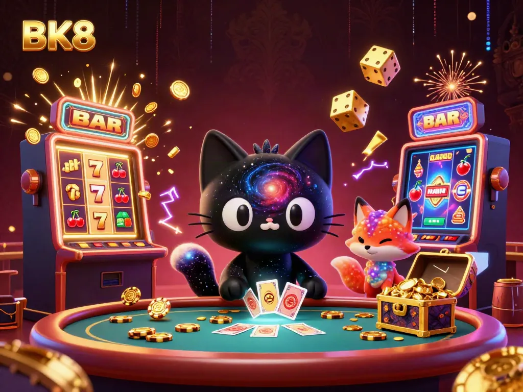 Engage in winning strategies with BK8 at a vibrant cosmic casino scene.