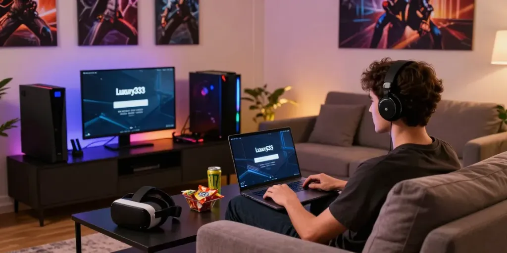 Luxury333 login scene featuring a user gaming on a laptop in a cozy atmosphere.