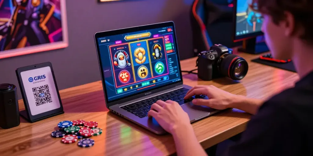 Player enjoying situs slot gacor thailand with vibrant interface and QRIS payment methods.