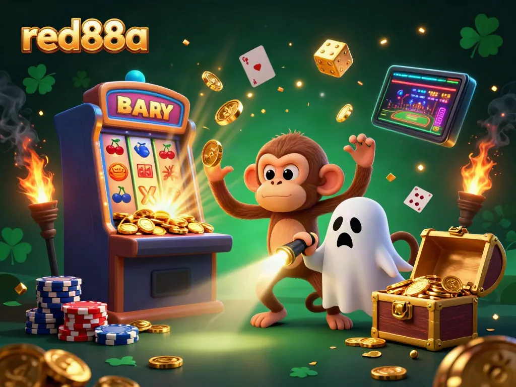 Experience the excitement of red88a in a vibrant 3D casino scene with a playful ghost-hunter puppy and a mischievous monkey.