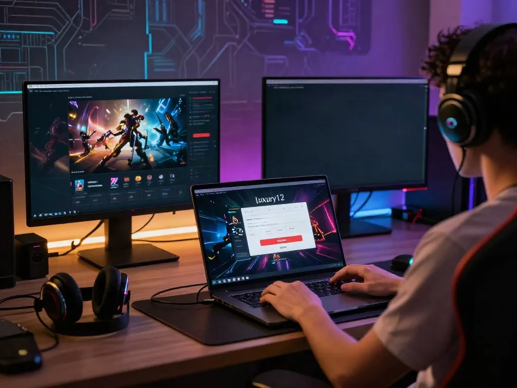Engaged user luxury12 login process on a sleek laptop in a colorful gaming setup