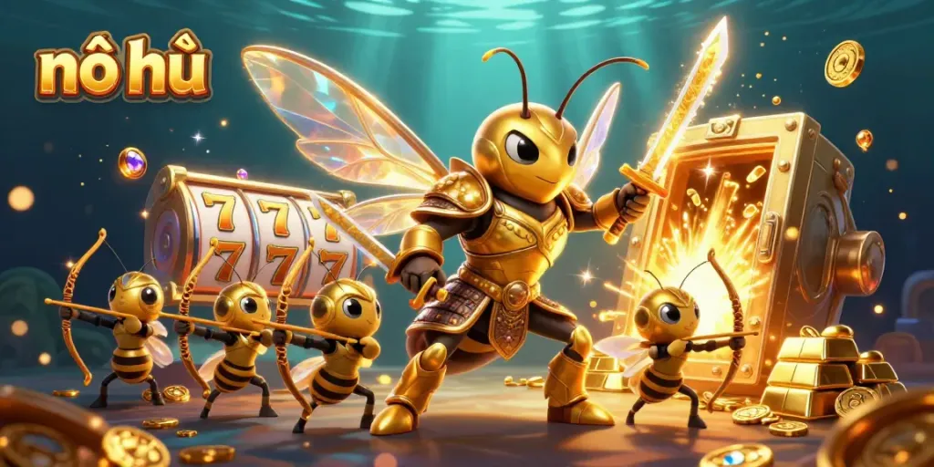 Experience the excitement of nổ hũ with golden treasures and dynamic characters in this engaging casino 3D illustration.