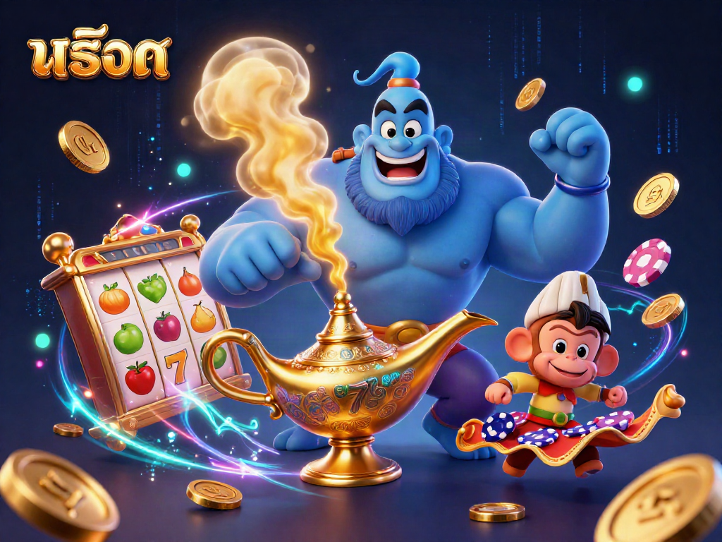 Experience the excitement of สล็อต with a genie, monkey, and dynamic slot elements.