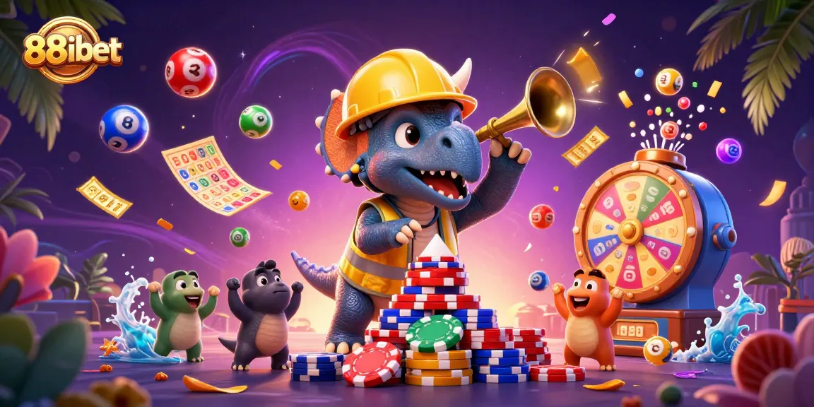 Engage with exciting games at 88ibet, featuring triceratops building poker chip pyramids in party atmosphere.
