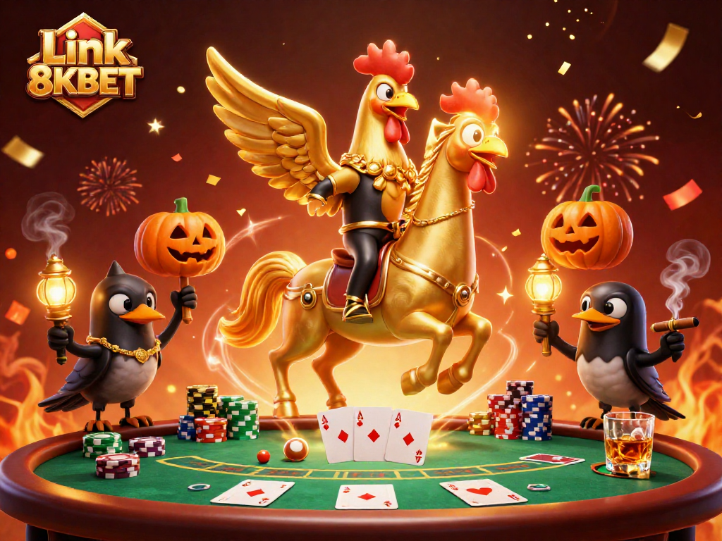 Experience the thrill of Link 8KBET in a vibrant casino scene with poker gameplay excitement.