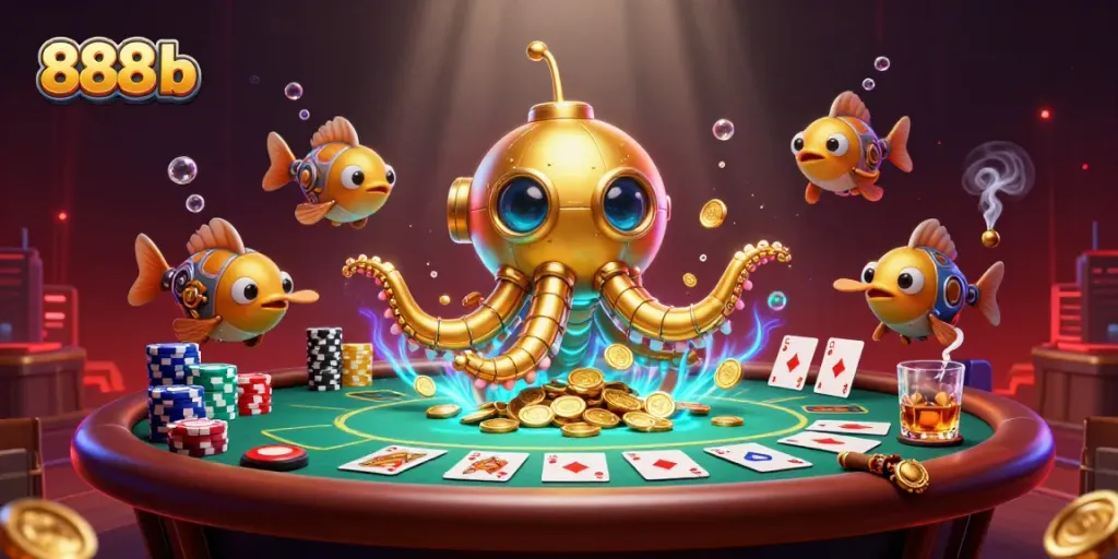 Engage with 888b in a thrilling 3D underwater casino adventure featuring a golden kraken and poker elements.