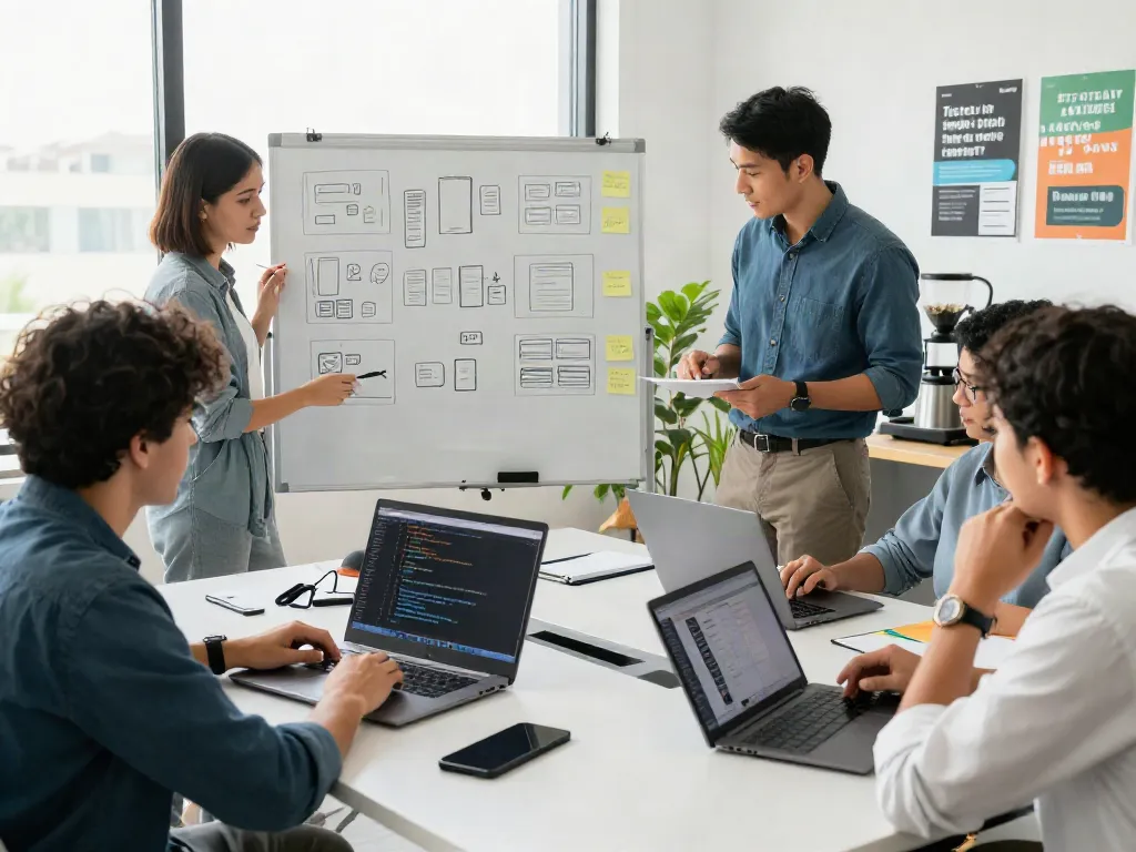 Team collaborating on mvp development service project in a modern office.