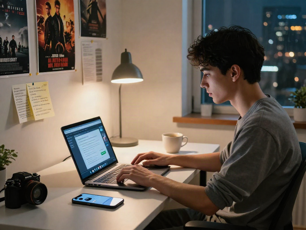 Downloading Moviebox apk in a cozy home office with tech gadgets and movie posters.