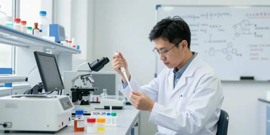 Scientist measuring ION-3R peptide in a clean laboratory for research.