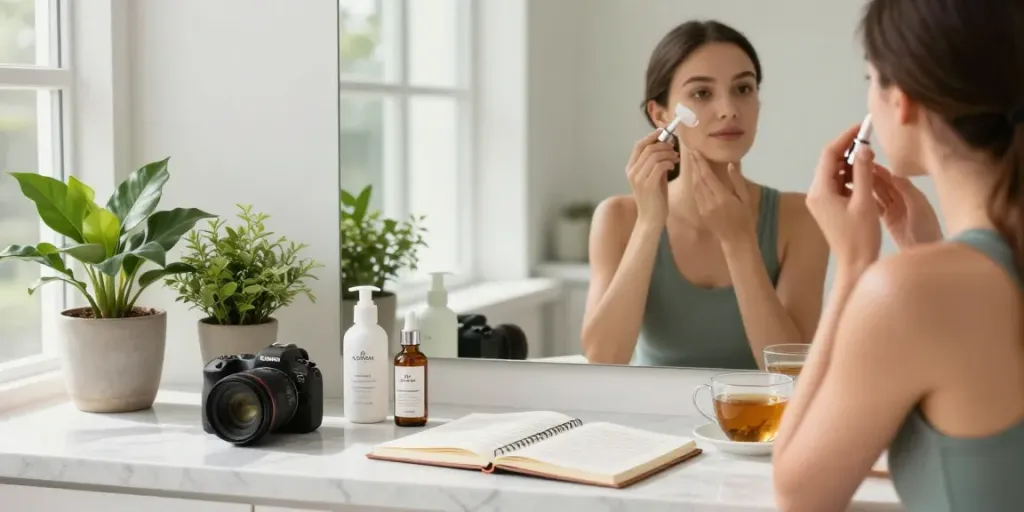 Applying glow peptide serum in a bright wellness studio for skincare.