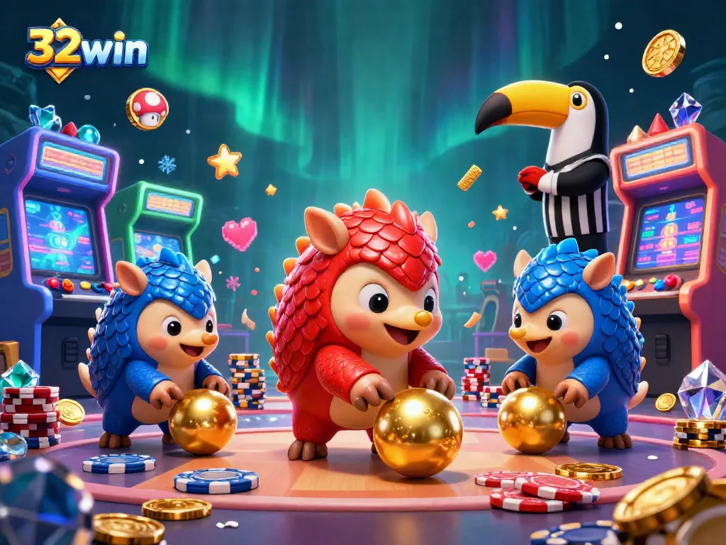 Experience the excitement at 32win with friendly pangolins bowling through poker chips!