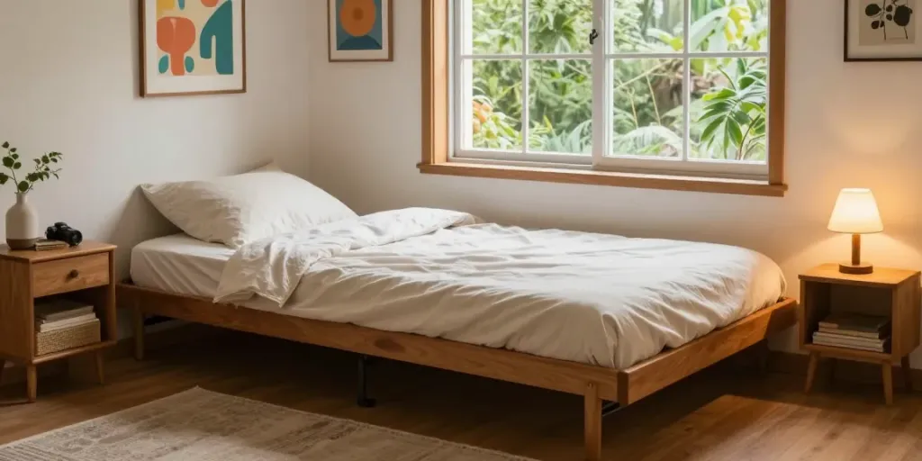 Cozy bedroom featuring a fold up bed with soft linens and natural light.