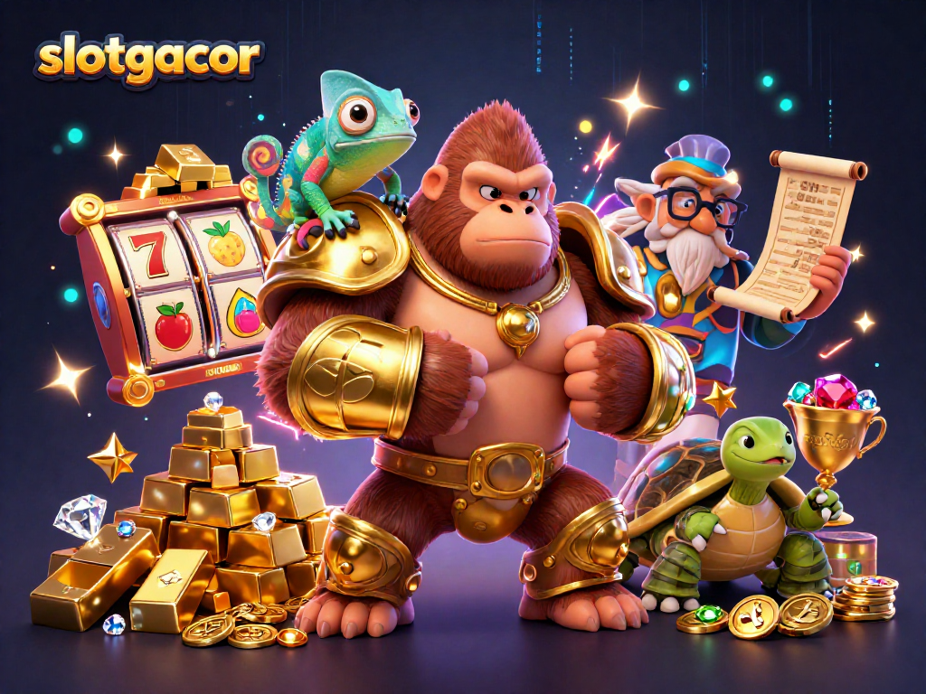 Experience slotgacor with a powerful gorilla king, colorful chameleon, and wise tortoise in a glittering casino.