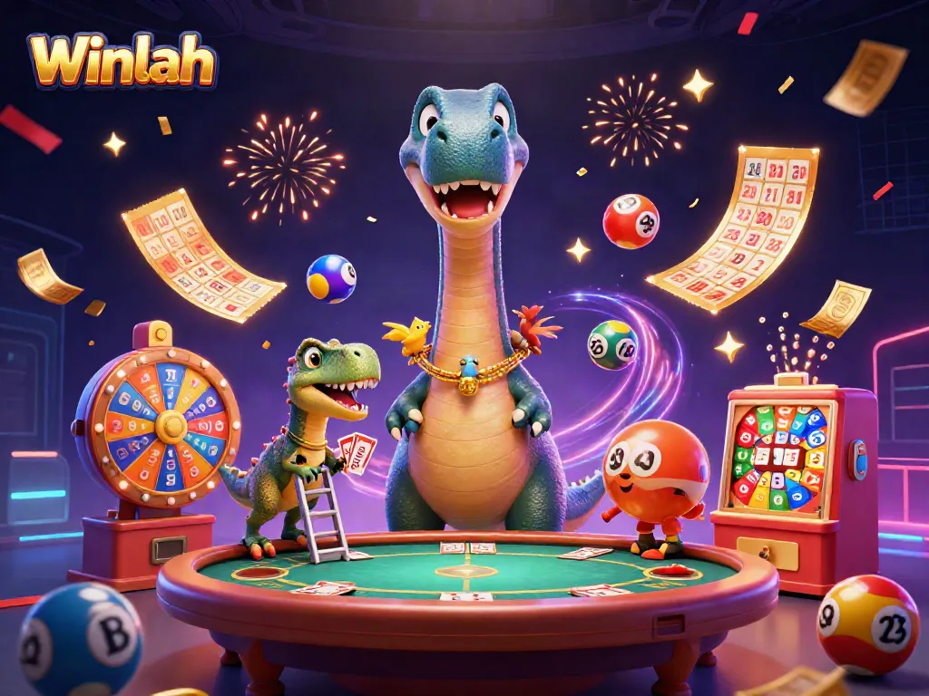 Winlah's vibrant casino scene showcases a playful brontosaurus and clever raptor, surrounded by dynamic gaming elements.