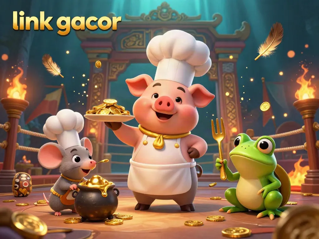 Experience the excitement of link gacor in this 3D illustration of cartoon characters serving gold coins in a vibrant casino.
