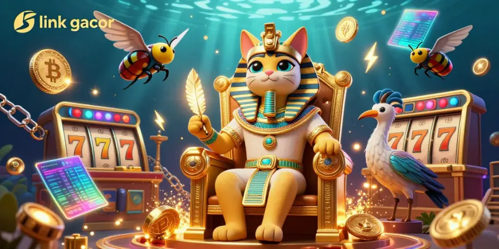 Win big with link gacor in this vibrant 3D cartoon casino scene featuring a pharaoh cat and gold.