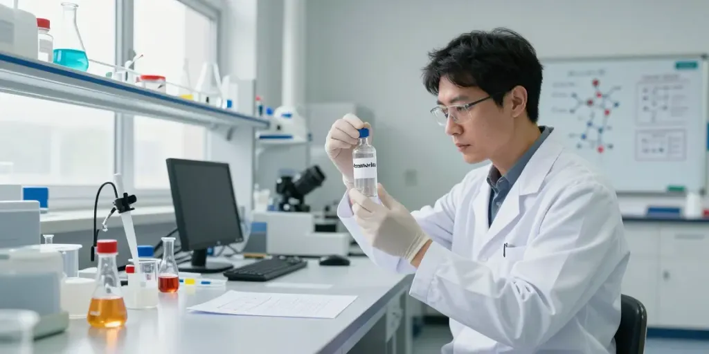 Researcher analyzing tesamorlin vial in modern lab setup
