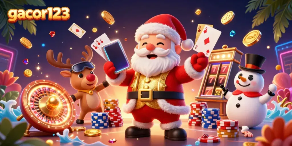 Join the festive fun at gacor123 with Santa, a reindeer dealer, and a poker chip snowman winning big!
