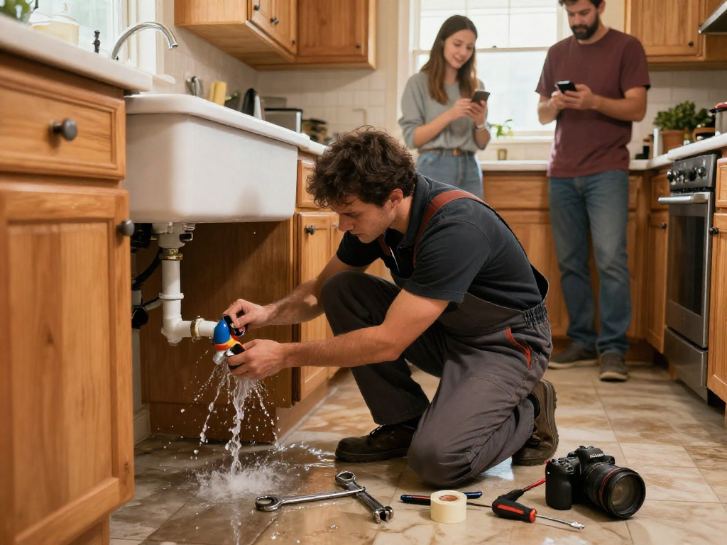Emergency plumber Fort Worth fixing a leaking kitchen sink with tools while concerned family member calls for help.