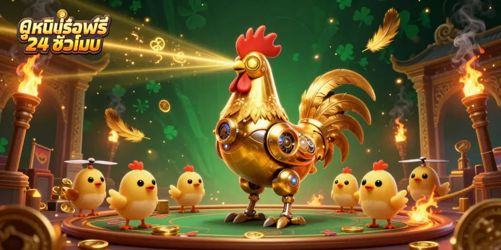 Engage with the ultimate casino adventure, featuring ดูหนังออนไลน์ฟรี 24 ชั่วโมง in a vibrant scene with laser-shooting robots and action-packed elements.