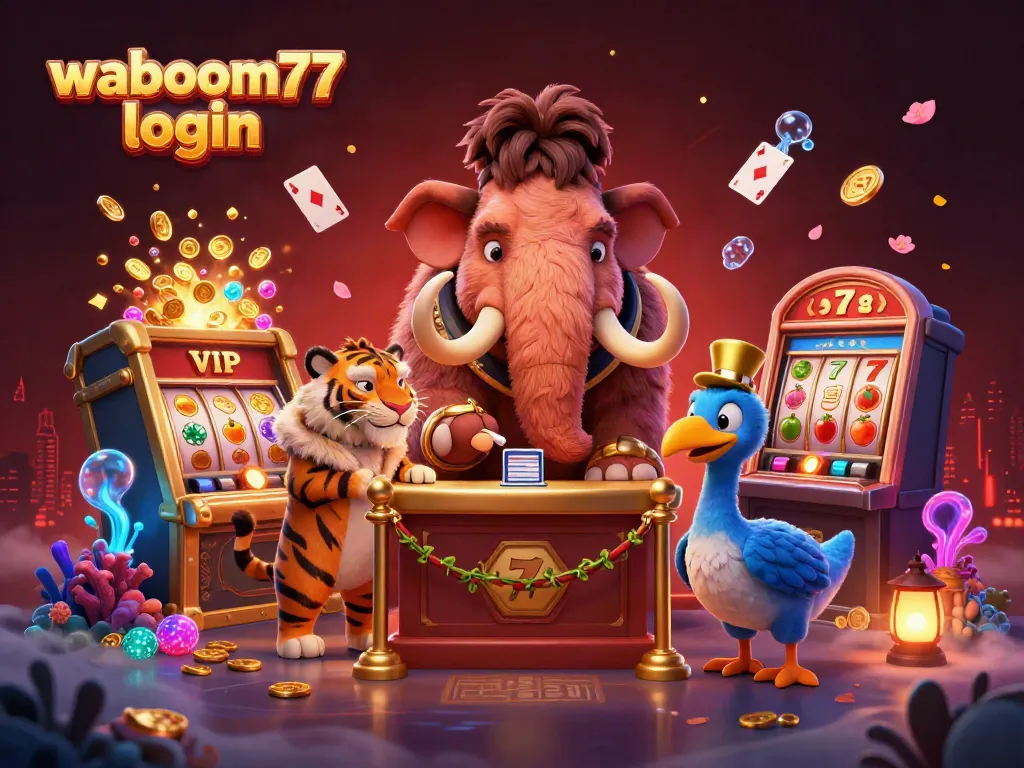 Experience the vibrant energy of waboom77 login in a rich casino scene filled with iconic gaming symbols.