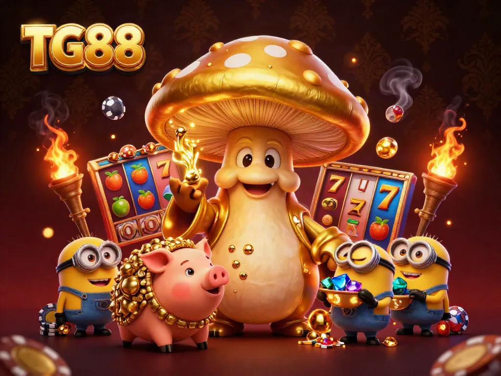Engage in thrilling casino experiences with the magical TG88 wizard amidst vibrant slot elements and treasures.