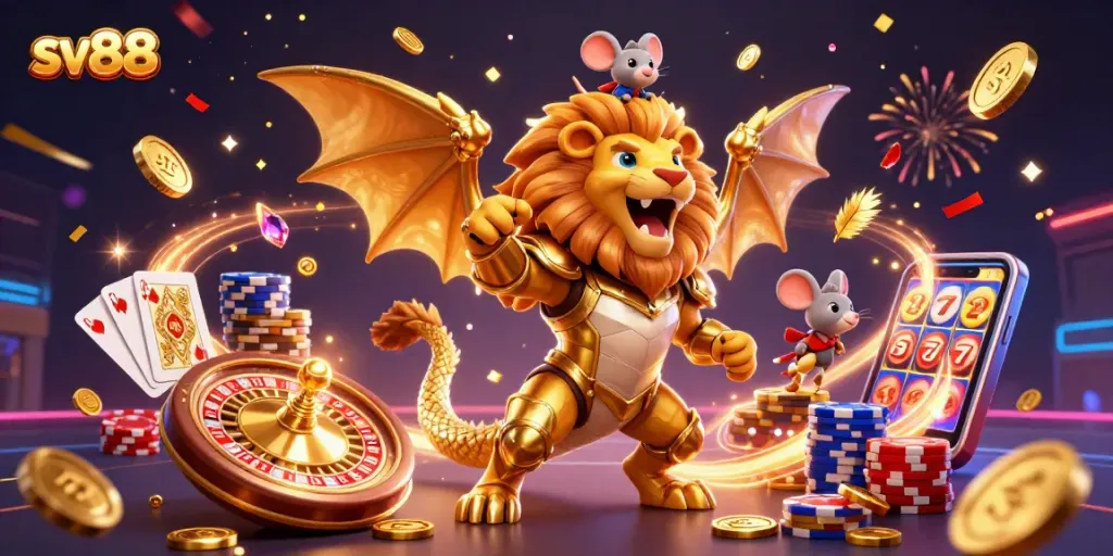 Experience immersive gambling at sv88 with a vibrant chimera and dazzling casino symbols.