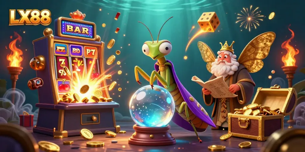 Experience LX88 through vibrant casino-inspired 3D artwork capturing a lively scene of fortune-telling and jackpot excitement.