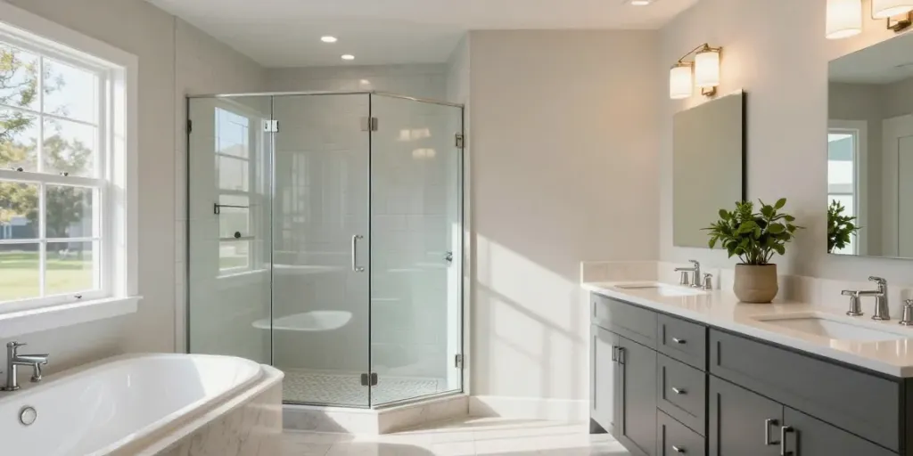 Inviting Bellevue bathroom remodeling featuring walk-in shower and soaking tub for luxurious home improvement.