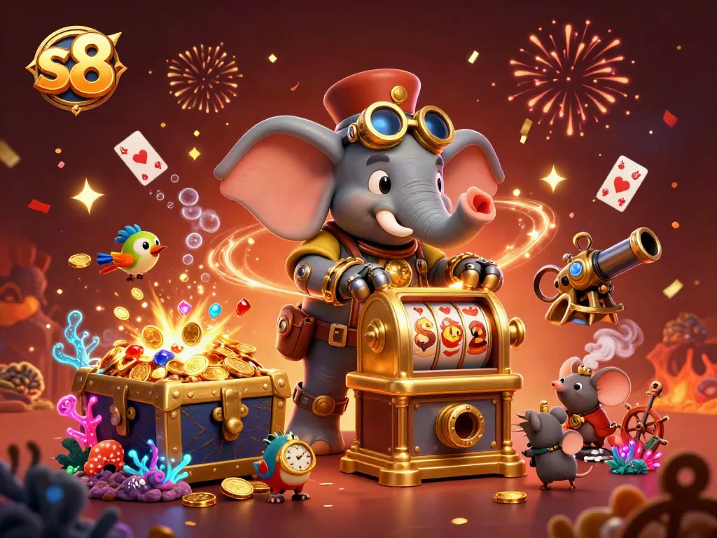 S8 players engaging with a steampunk slot machine in vibrant underwater casino world, filled with treasure and excitement