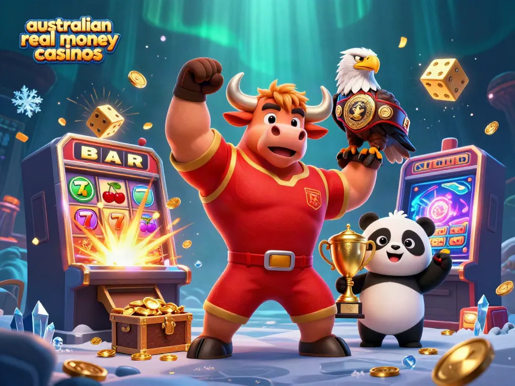 Experience a vibrant scene of australian real money casinos with a bull mascot, eagle, and panda celebrating wins among slot machines and treasure.