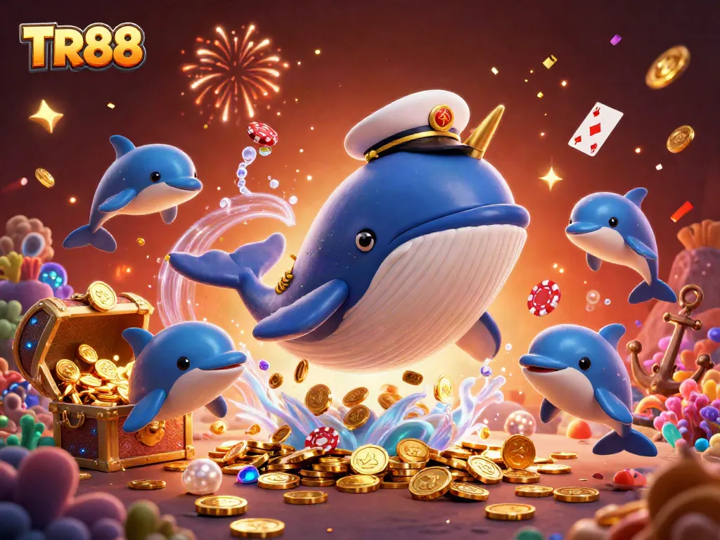 Engage with the thrilling TR88 gaming adventure featuring a whimsical whale and playful casino elements.