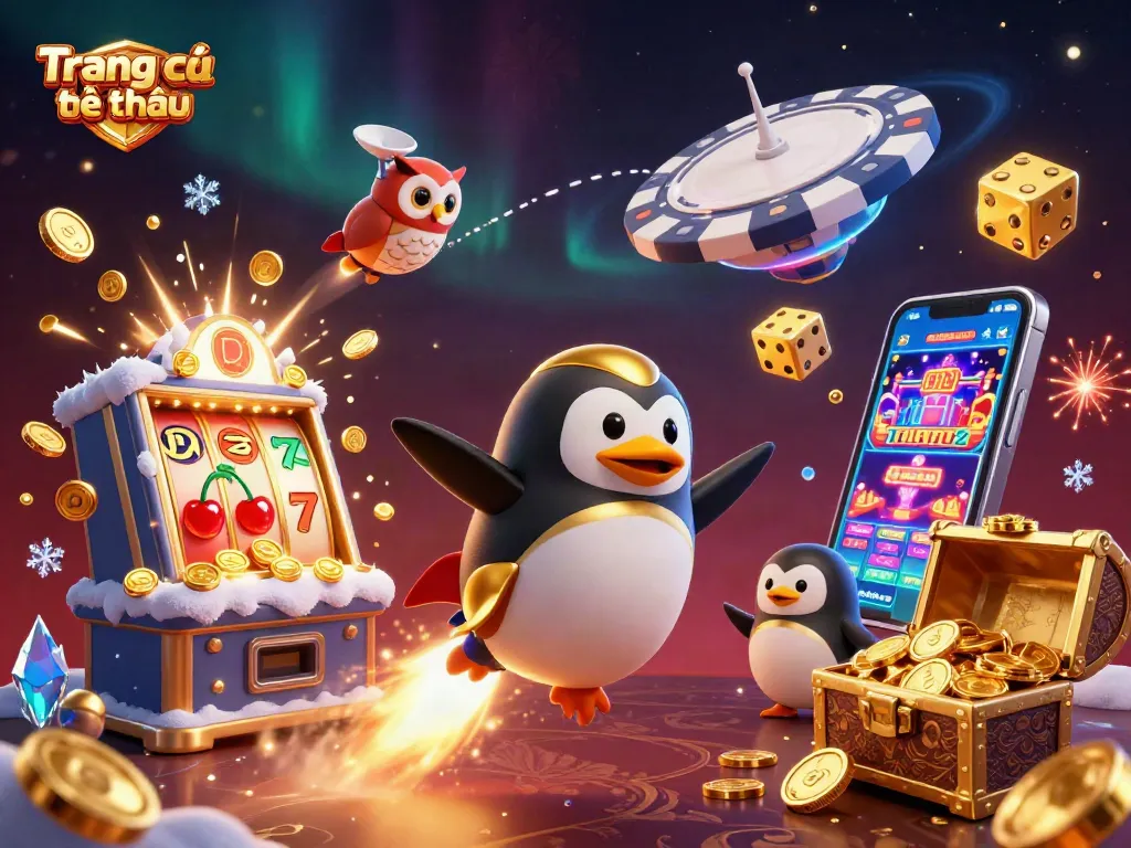 Experience thrilling Trang cá cược thể thao action with a golden penguin and vibrant casino elements.