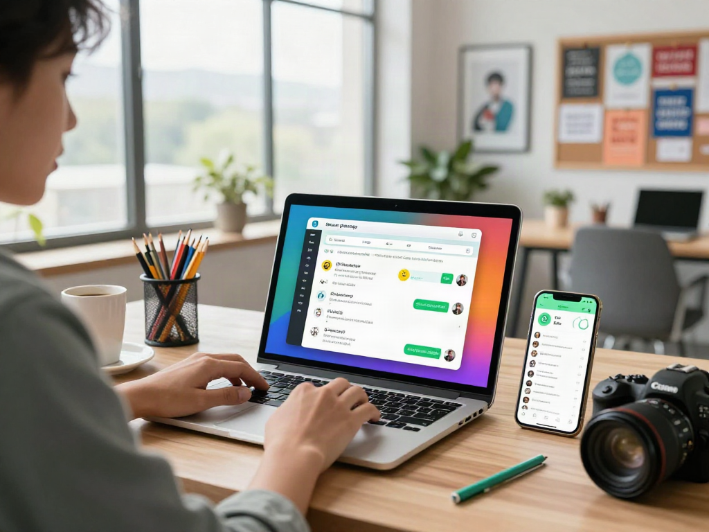 Engaged professional using gb whatsapp on a laptop in a bright modern workspace, surrounded by tech and creativity.