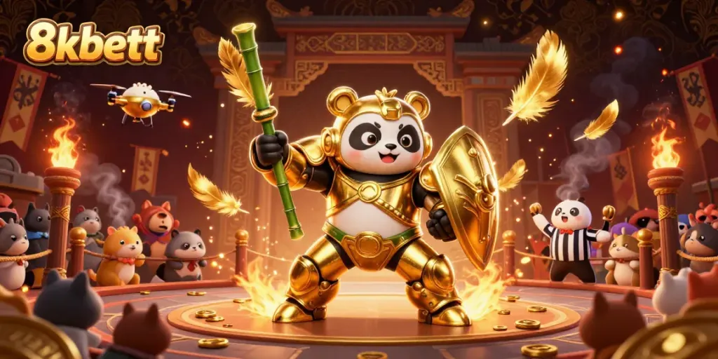 Engaging casino battle scene showcasing 8kbett with a mech-suit panda in a vibrant arena.